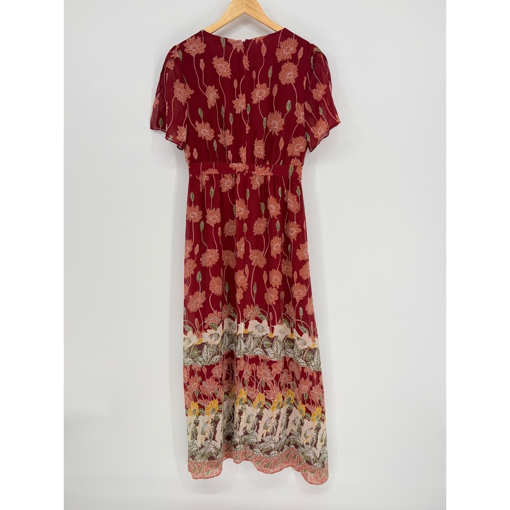 Madewell‎ Floral Poppy Maxi Dress Women 4 Red Flutter Sleeve Boho V-Neck Lined - Picture 9 of 12